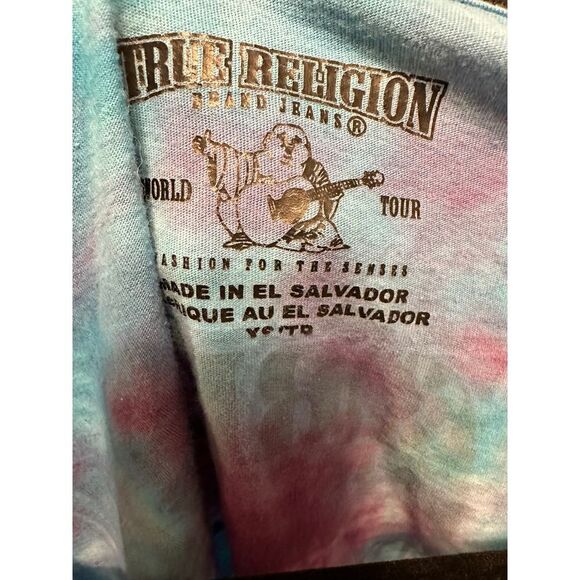 True Religion Tie Dye Y2K Buddha TShirt Purple Blue Graphic V-Neck Size XS - Picture 3 of 4
